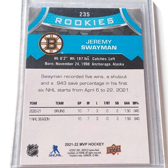Jeremy Swayman Boston Bruins Goalie MVP Rookie Card 2021/22 - Picture 2 of 2